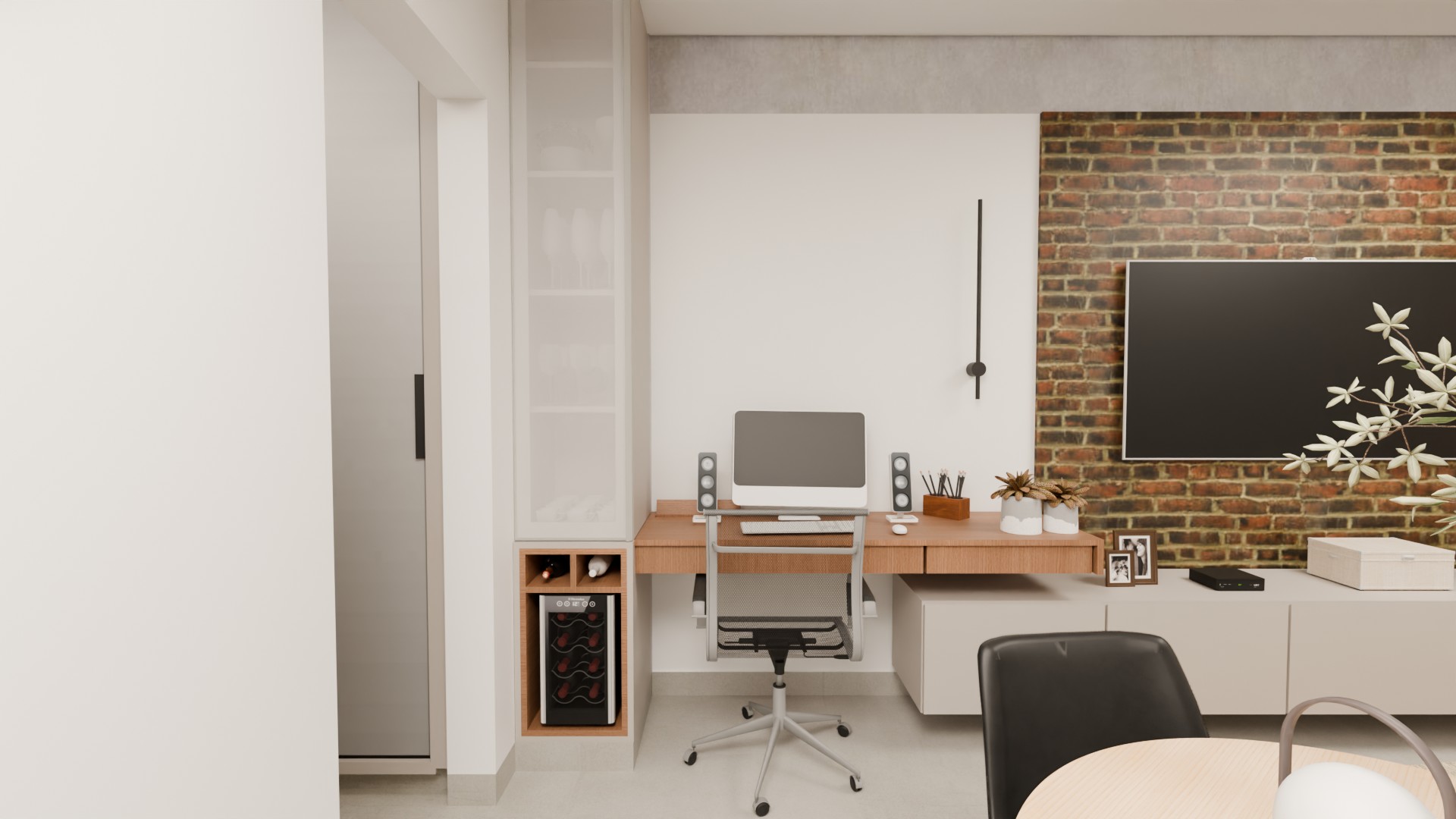 Estar com parede de tijolinho e home office