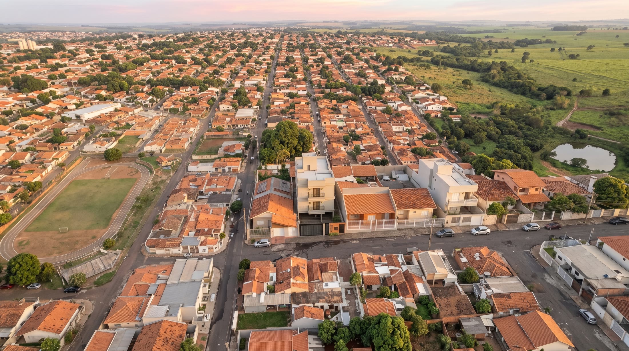 Vista aérea do bairro com o Edifício Olívia no centro